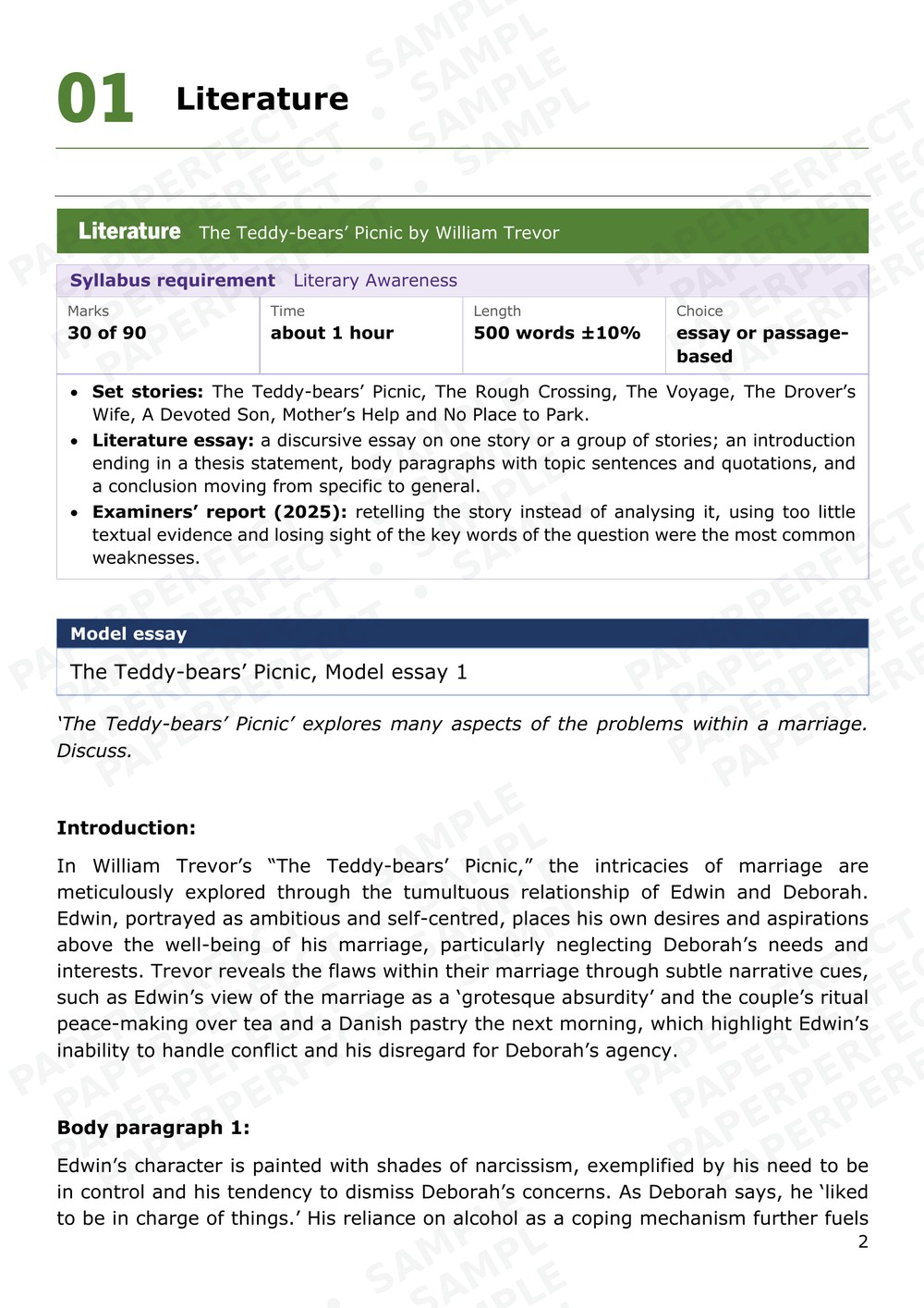 Sample page: Literature model essay